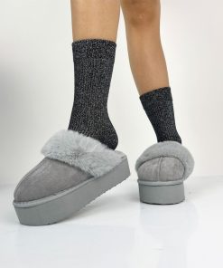 Donna DORATON Srl | Jada - Ciabattine Donna Invernali Con Ecopelliccia Grigio