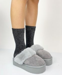 Donna DORATON Srl | Jada - Ciabattine Donna Invernali Con Ecopelliccia Grigio