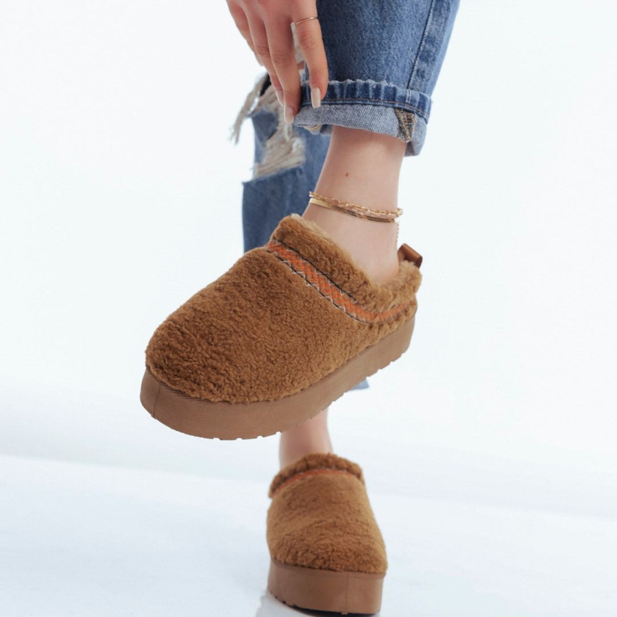 Donna DORATON Srl | Smilla - Ciabattine Invernali Donna Ecopelliccia E Platform Camel