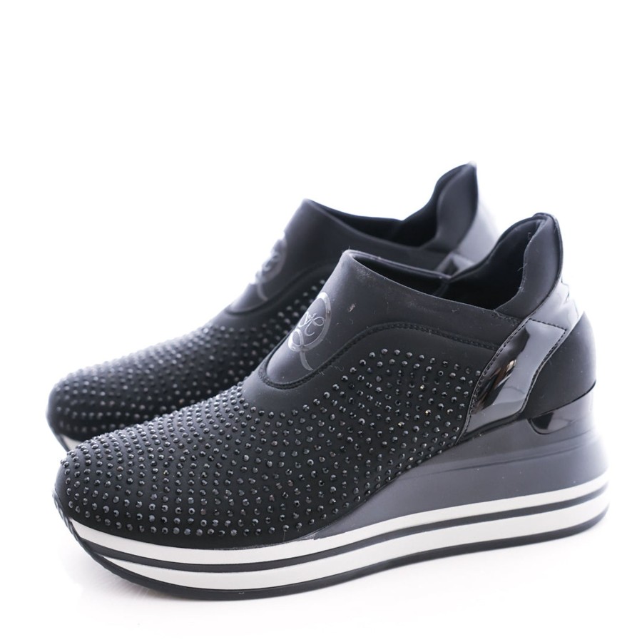 Donna DORATON Srl | Queen Helena - Sneakers Donna Con Tacco E Strass Nero